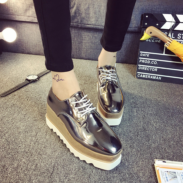 New-Women-Shiny-Lace-Up-Flats-Double-Platform-Oxfords-Fashion-Comfortable-Shoes-1051065