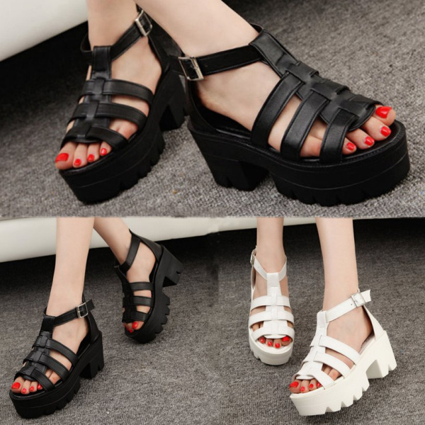 Lady-Strappy-Platform-Block-Heel-Chunky-Buckle-Ankle-High-Sandals-963613