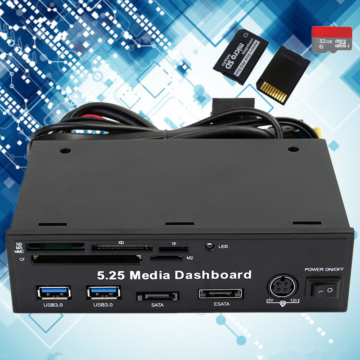 525-inch-PCI-E-to-TF-SD-Card-Reader-SATA-ESATA-USB-30-Hub-Front-Panel-PC-Media-Dashboard-1175394