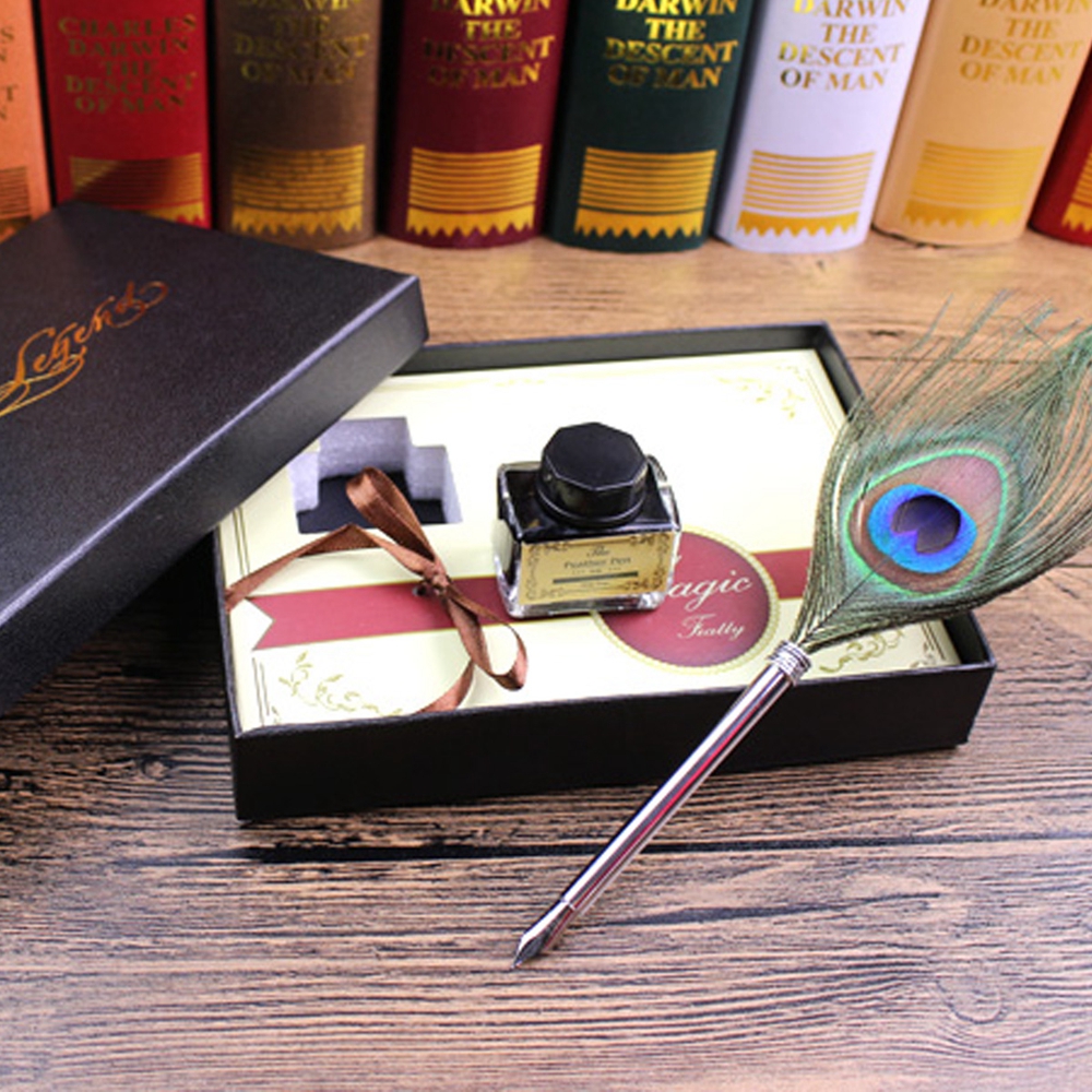 05mm-Fine-Nib-Peacock-Feather-Quill-Dip-Pen-Writing-Ink-Set-Stationery-With-Box-Gift-Ink-Bottle-1305803