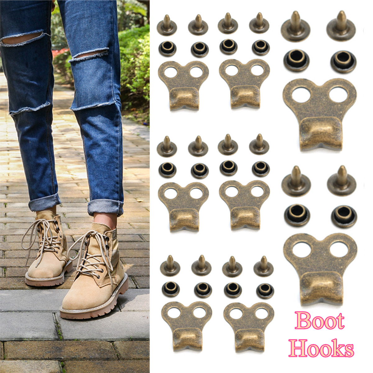 10-Set-Gunmetal-Boot-Hooks-Lace-Fittings-with-Rivets-for-Camping-Hiking-Climbing-1259095