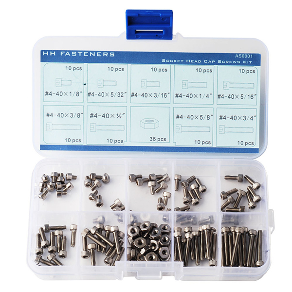 4-40-UNC-Stainless-Steel-Hex-Socket-Head-Cap-Screws-Nuts-Assortment-Kit-126pcs-1147256