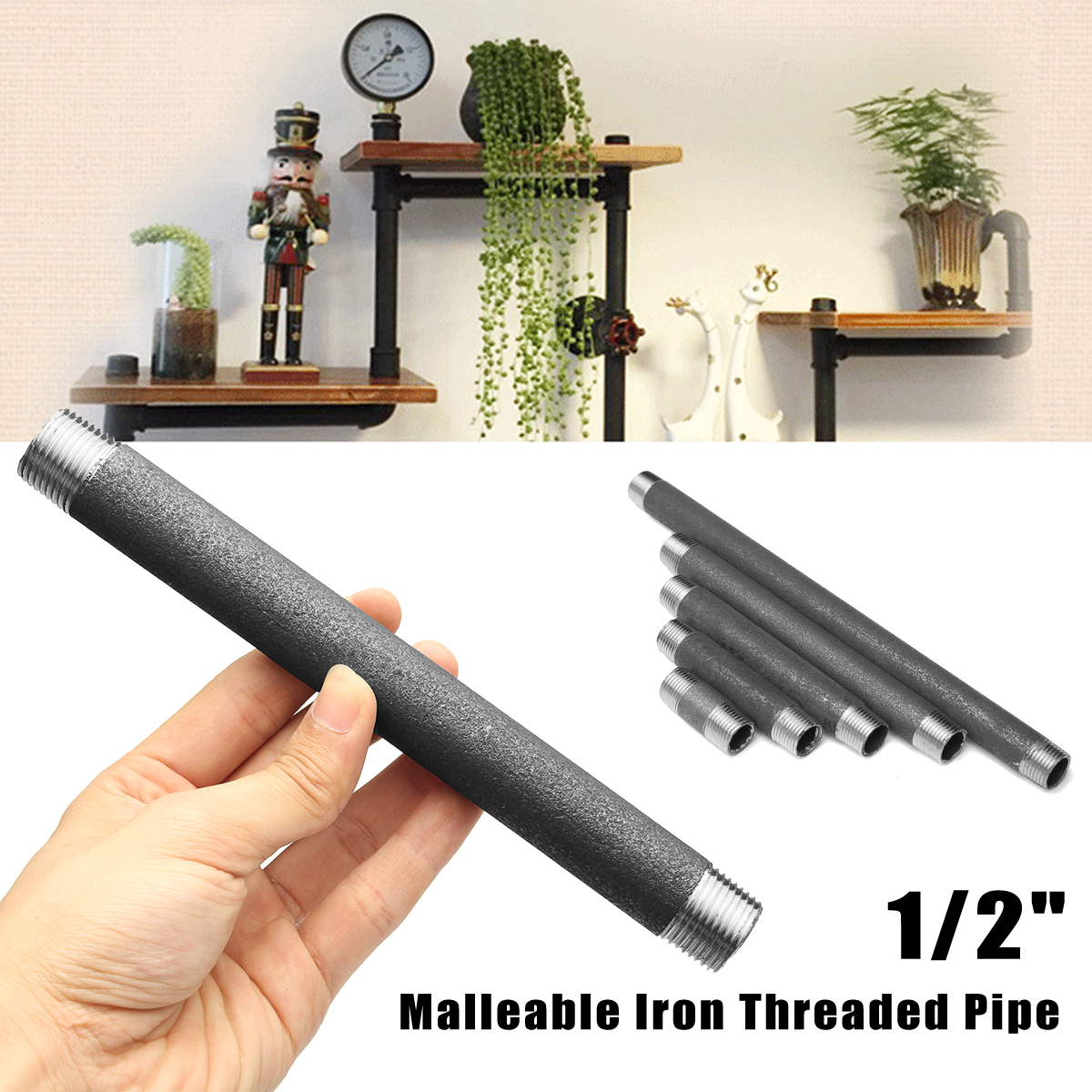 12quot-DN15-Malleable-Iron-Threaded-Pipe-For-DIY-Flange-Fittings-Furniture-Bracket-51015202530cm-1320411
