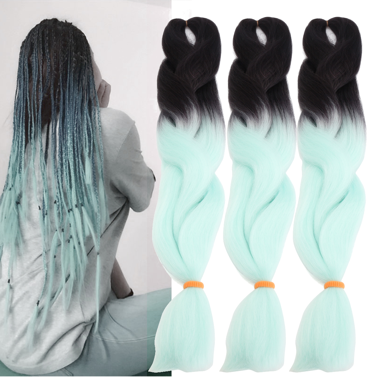 24quot-Black-amp-Mint-Green-Ombre-Dip-Dye-Kanekalon-Braiding-Hair-Extensions-1165100