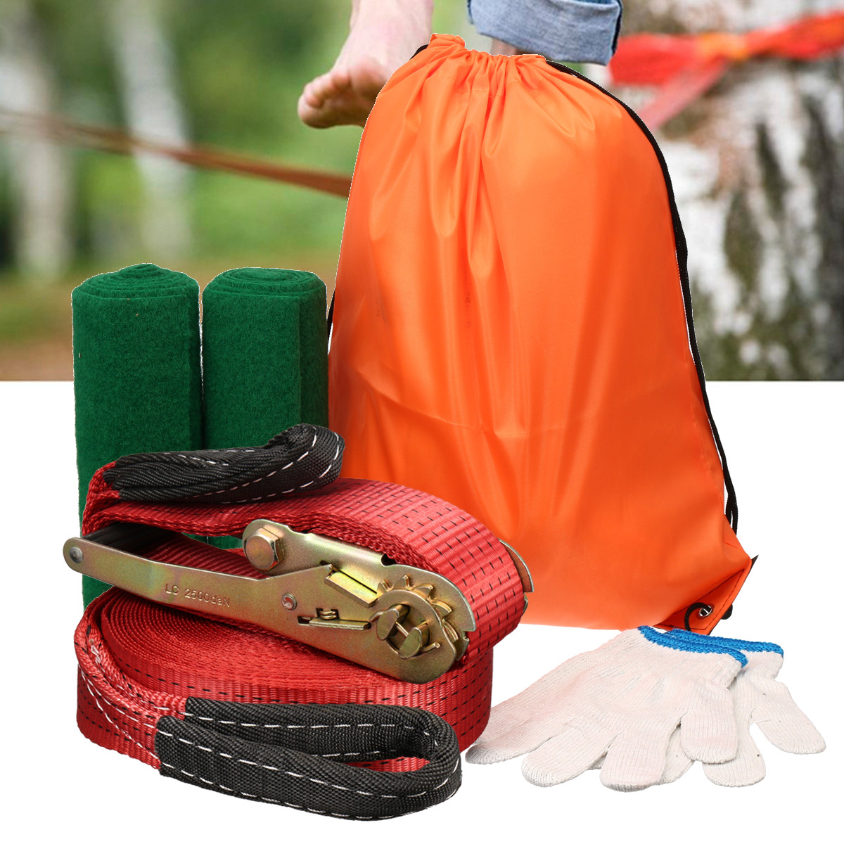 5cmx15m-Slackline-Kit-Base-Balance-Line-With-Tree-Protectors-Ratchet-Arm-Balance-Trainer-Sport-Bag-1451846