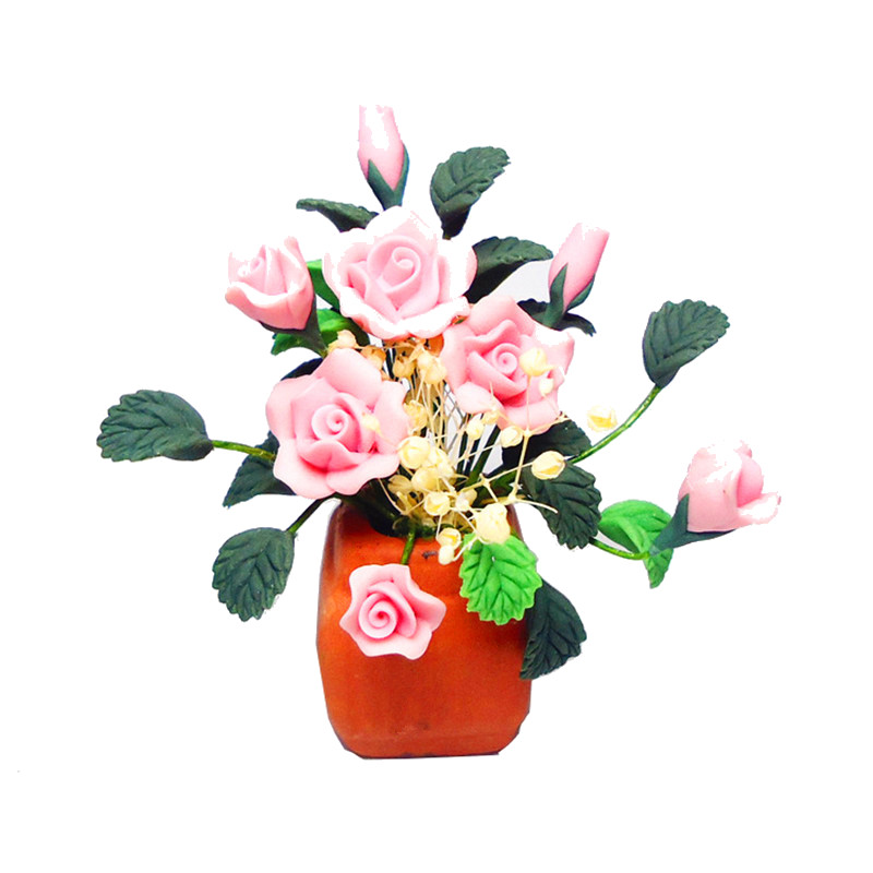 112-Dollhouse-Miniature-DIY-Garden-Clay-Flowers-Arrangement-Pink-Rose-Red-Pottery-Basin-Plant-1135880