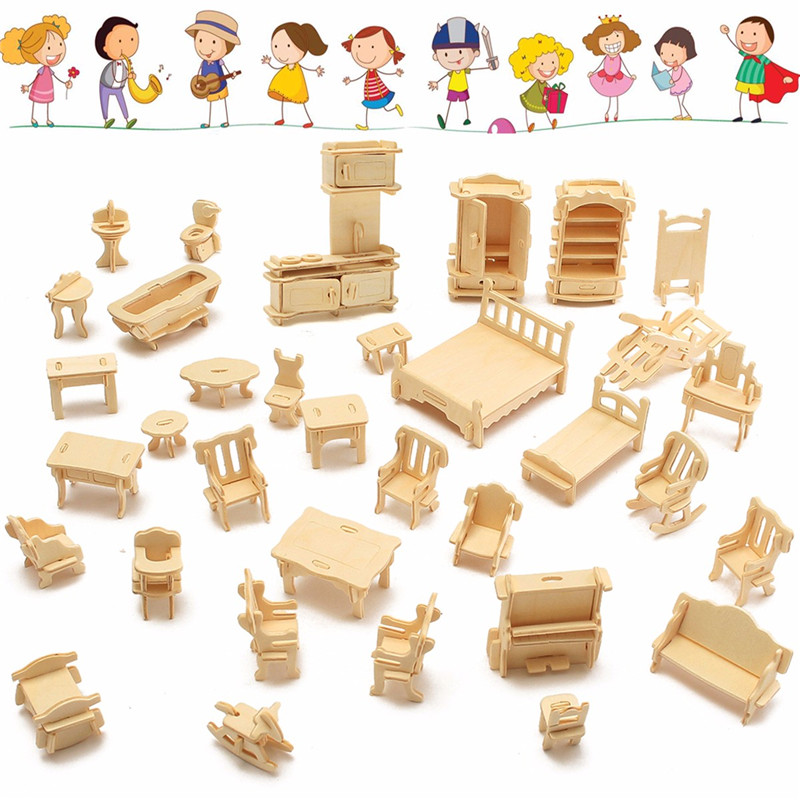 34-Pcs-3D-DIY-Wooden-Miniature-Dollhouse-Furniture-Model-Unpainted-Suite-Toys-1122662