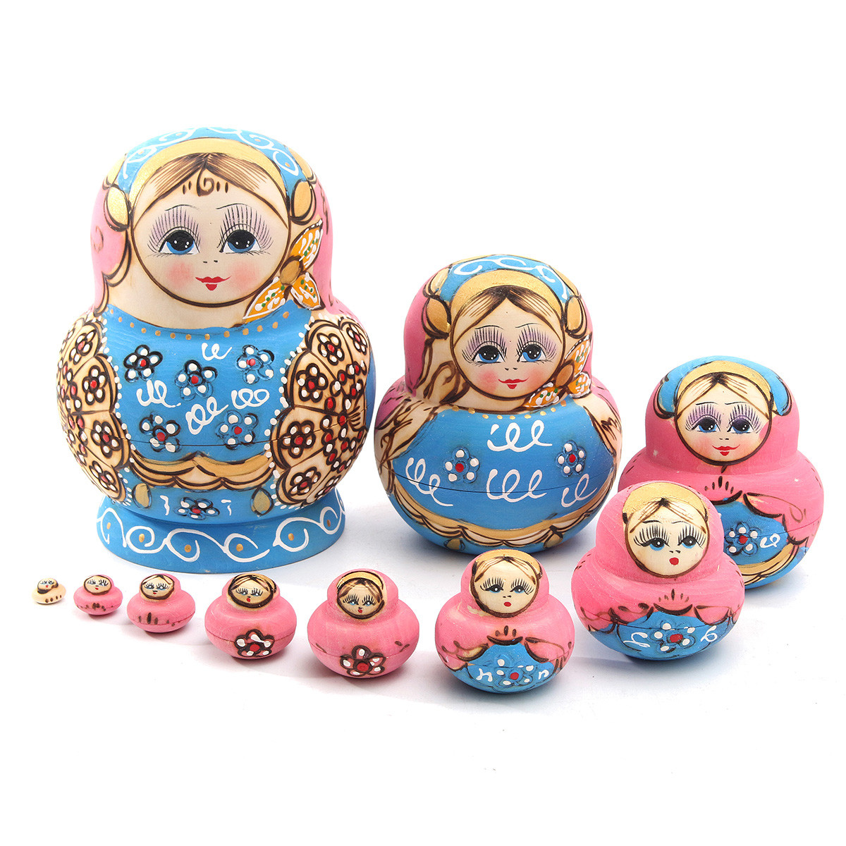 10pcs-Hand-Painted-Blue-Dolls-Set-Wooden-Russian-Nesting-Babushka-Matryoshka-1103013