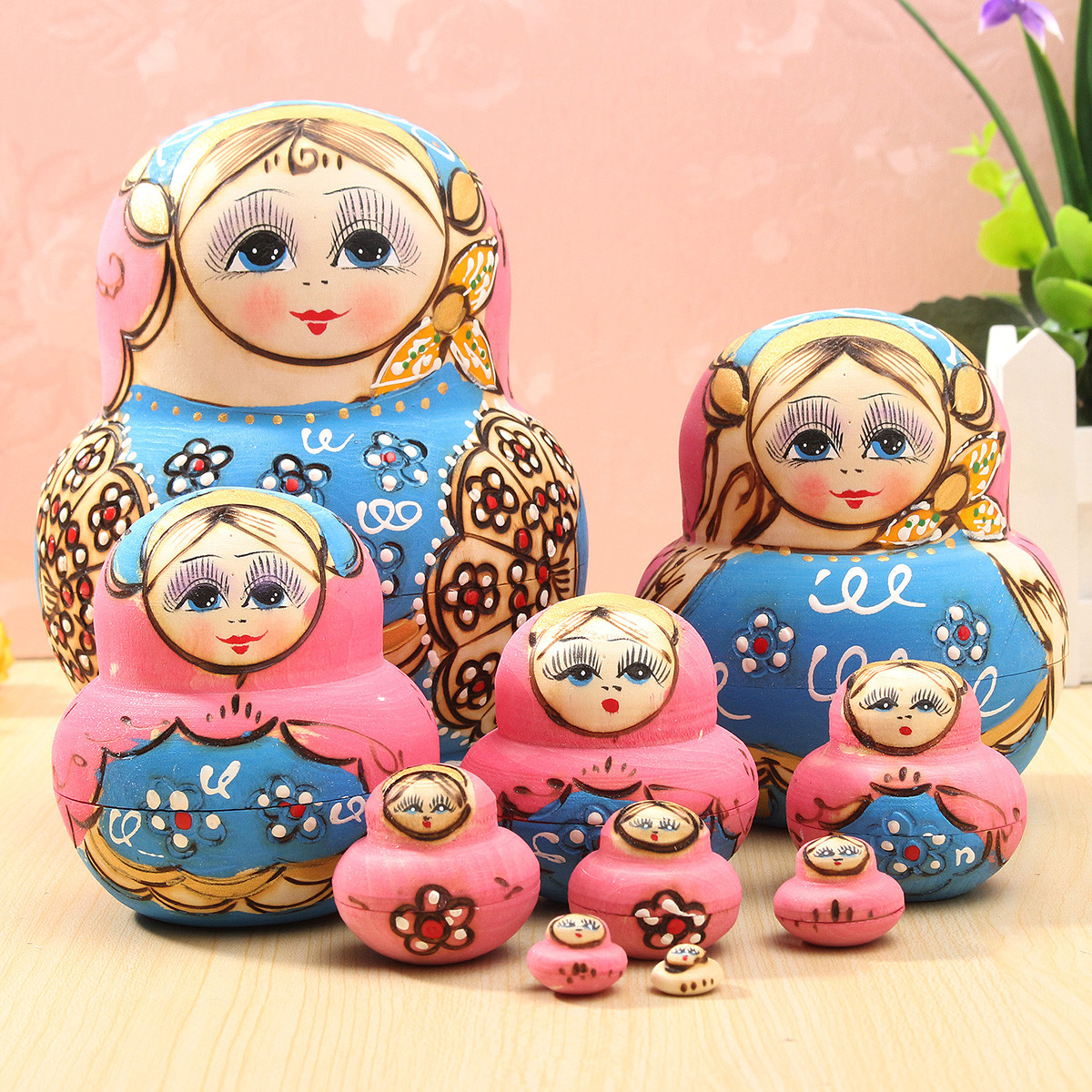 10pcs-Hand-Painted-Blue-Dolls-Set-Wooden-Russian-Nesting-Babushka-Matryoshka-1103013