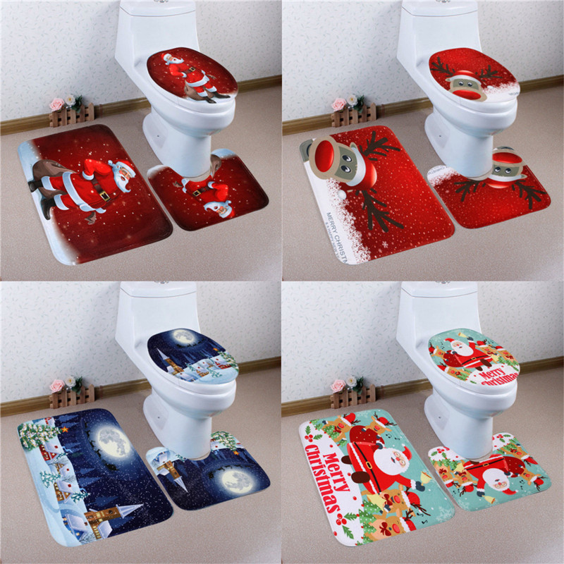 3PCS-Christmas-Home-Decoration-Snowman-Santa-Toilet-Seat-Cover-Bathroom-Mat-Closestool-Cover-Rug-1227471