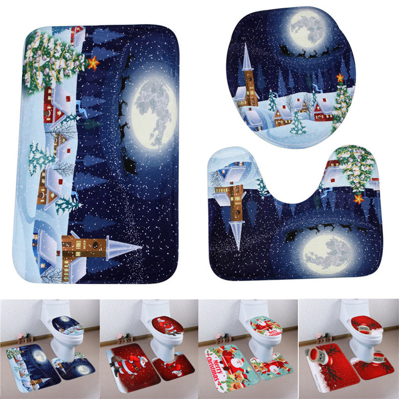 3PCS-Christmas-Home-Decoration-Snowman-Santa-Toilet-Seat-Cover-Bathroom-Mat-Closestool-Cover-Rug-1227471