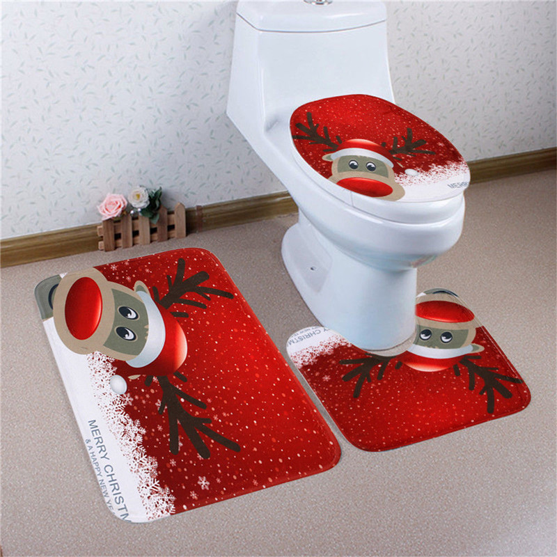 3PCS-Christmas-Home-Decoration-Snowman-Santa-Toilet-Seat-Cover-Bathroom-Mat-Closestool-Cover-Rug-1227471