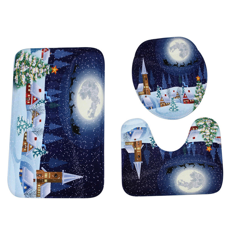 3PCS-Christmas-Home-Decoration-Snowman-Santa-Toilet-Seat-Cover-Bathroom-Mat-Closestool-Cover-Rug-1227471