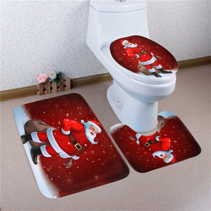 3PCS-Christmas-Home-Decoration-Snowman-Santa-Toilet-Seat-Cover-Bathroom-Mat-Closestool-Cover-Rug-1227471