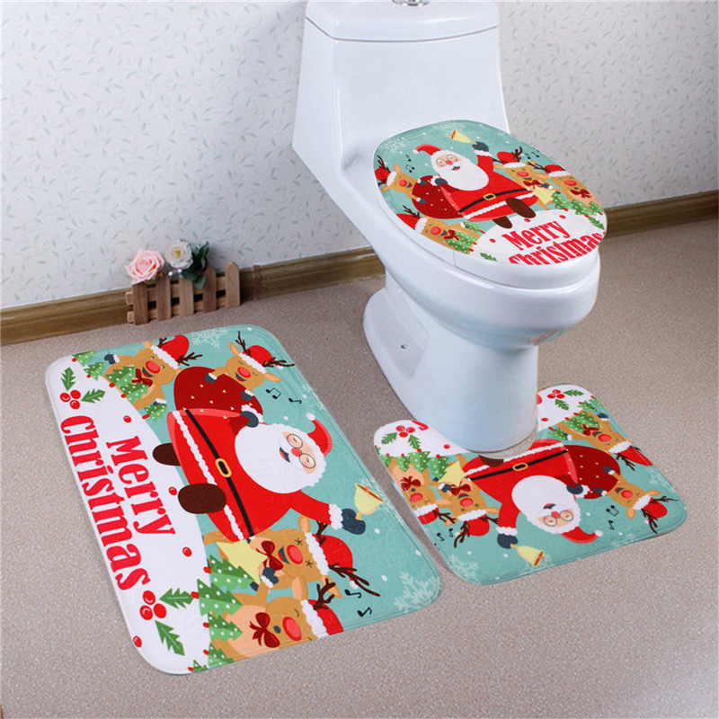 3PCS-Christmas-Home-Decoration-Snowman-Santa-Toilet-Seat-Cover-Bathroom-Mat-Closestool-Cover-Rug-1227471