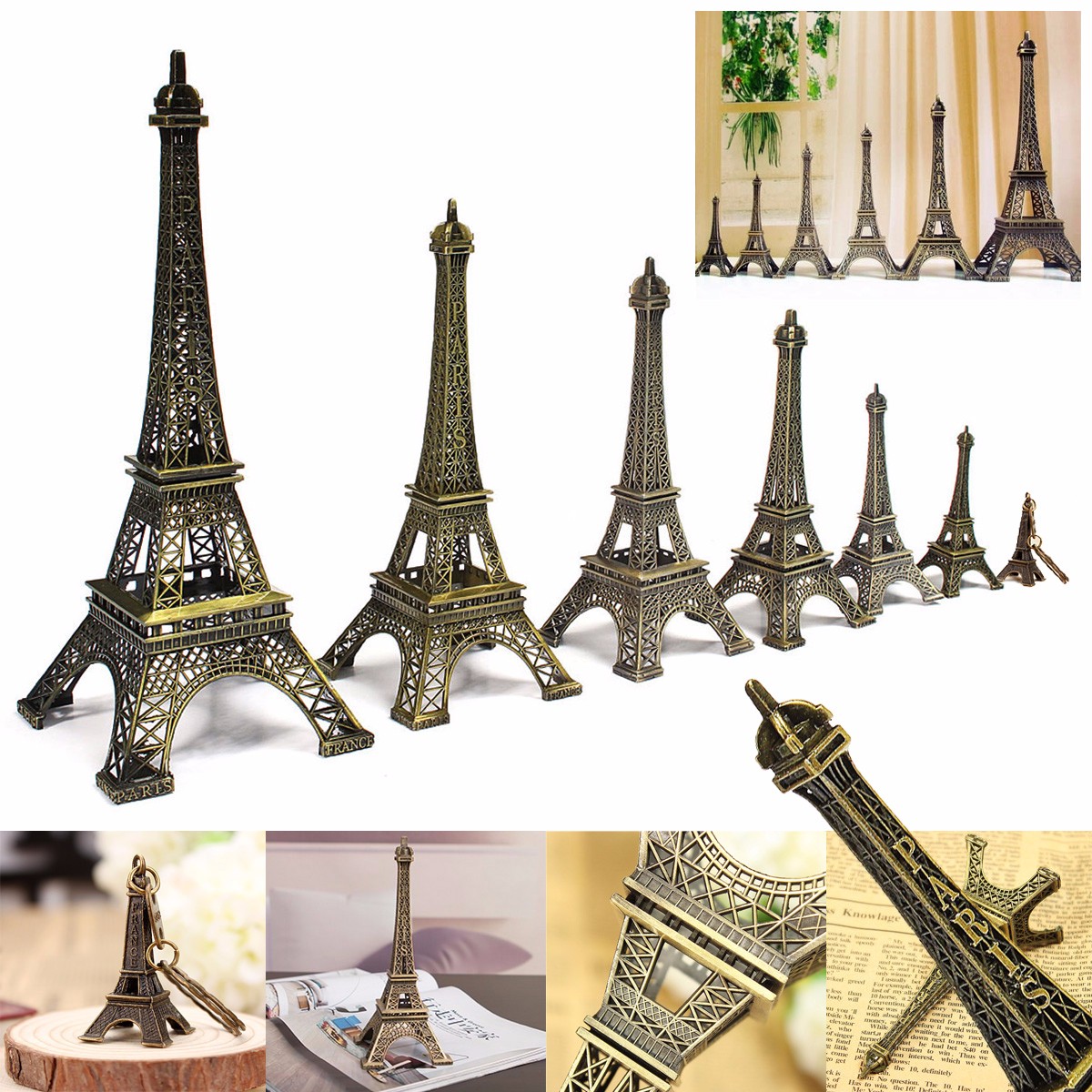 Bronze-Tone-Paris-Eiffel-Tower-Figurine-Statue-Vintage-Model-Decor-Alloy-4-Sizes-1099976