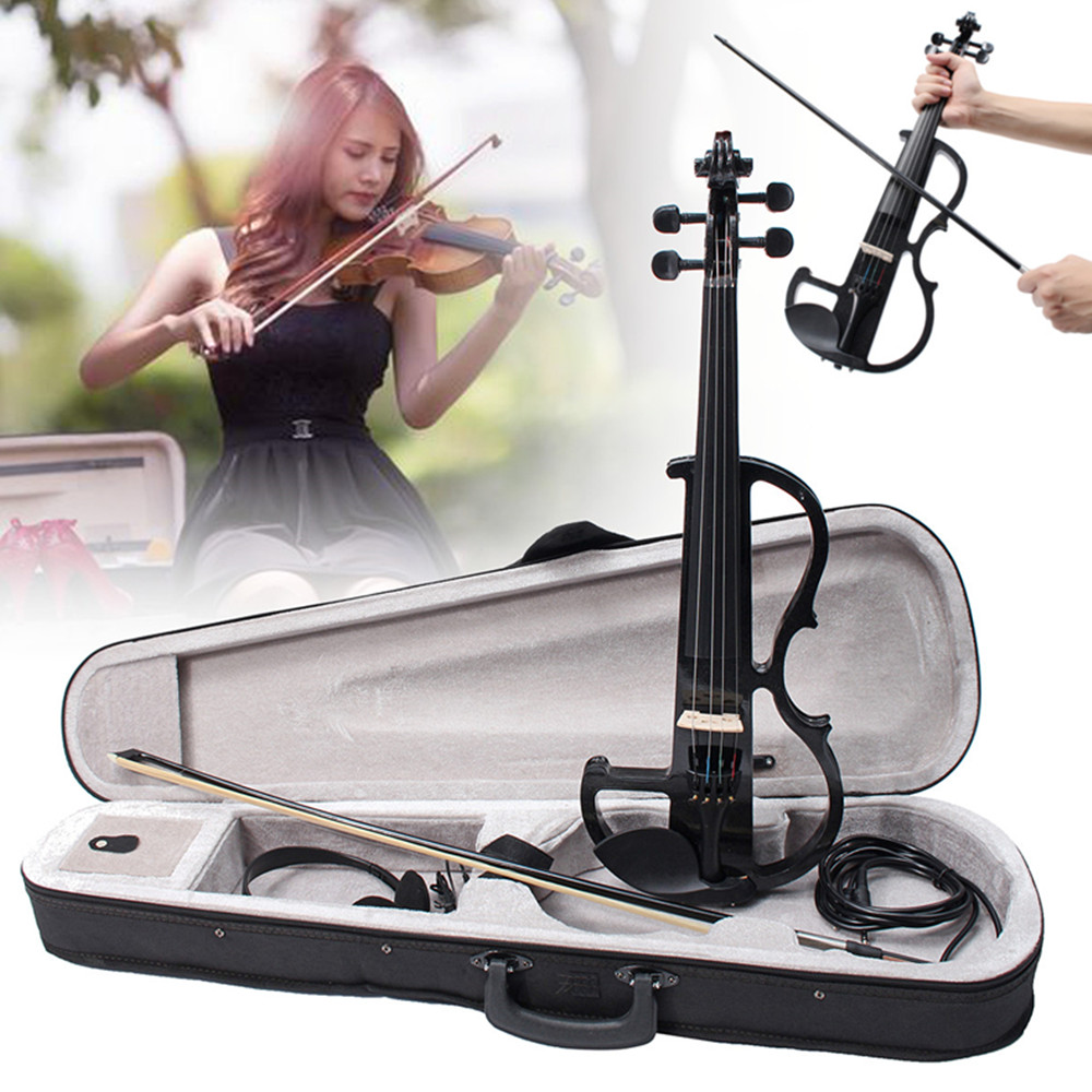 Black-44-Full-Size-Electric-Violin-Student-Fiddle-Case-Bow-Headphone-Cable-Set-1353768