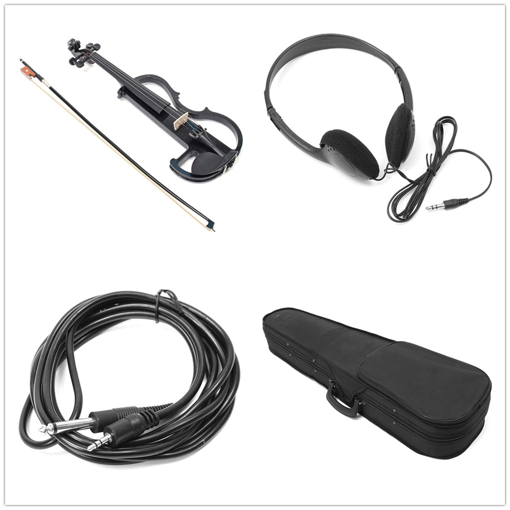 Black-44-Full-Size-Electric-Violin-Student-Fiddle-Case-Bow-Headphone-Cable-Set-1353768