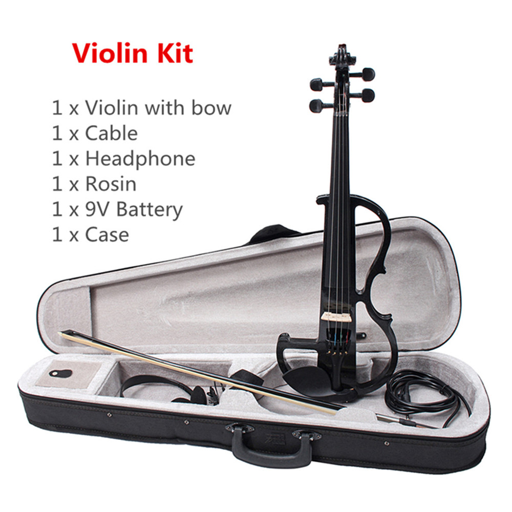Black-44-Full-Size-Electric-Violin-Student-Fiddle-Case-Bow-Headphone-Cable-Set-1353768