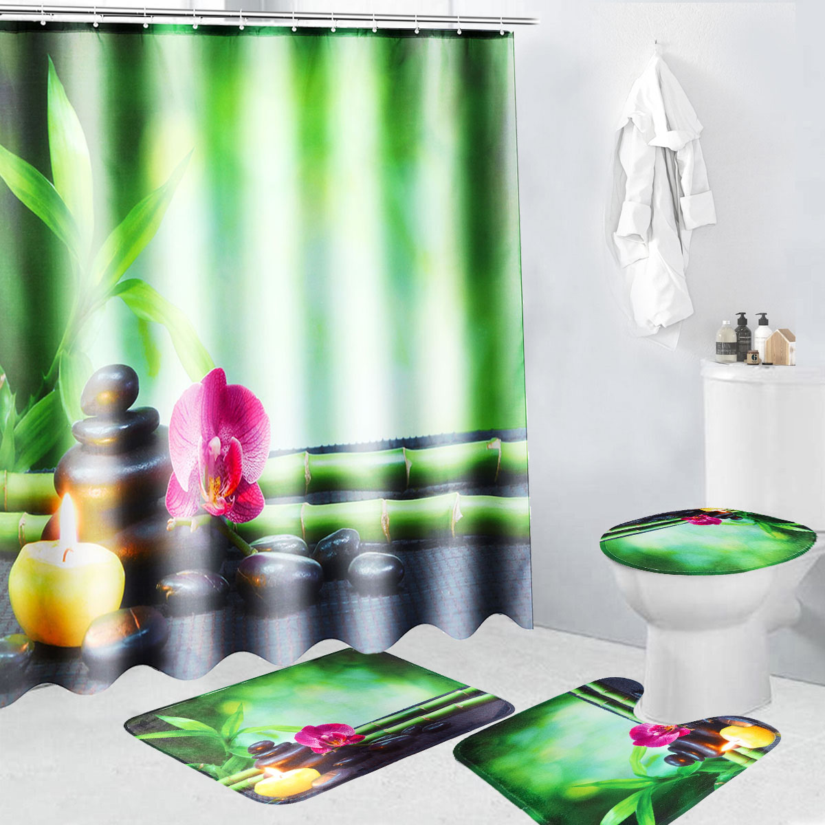 4Pcs-180x180cm-Bamboo-Pebbles-Bathroom-Shower-Curtain-with-Hooks-Toliet-Cover-Mat-1425368