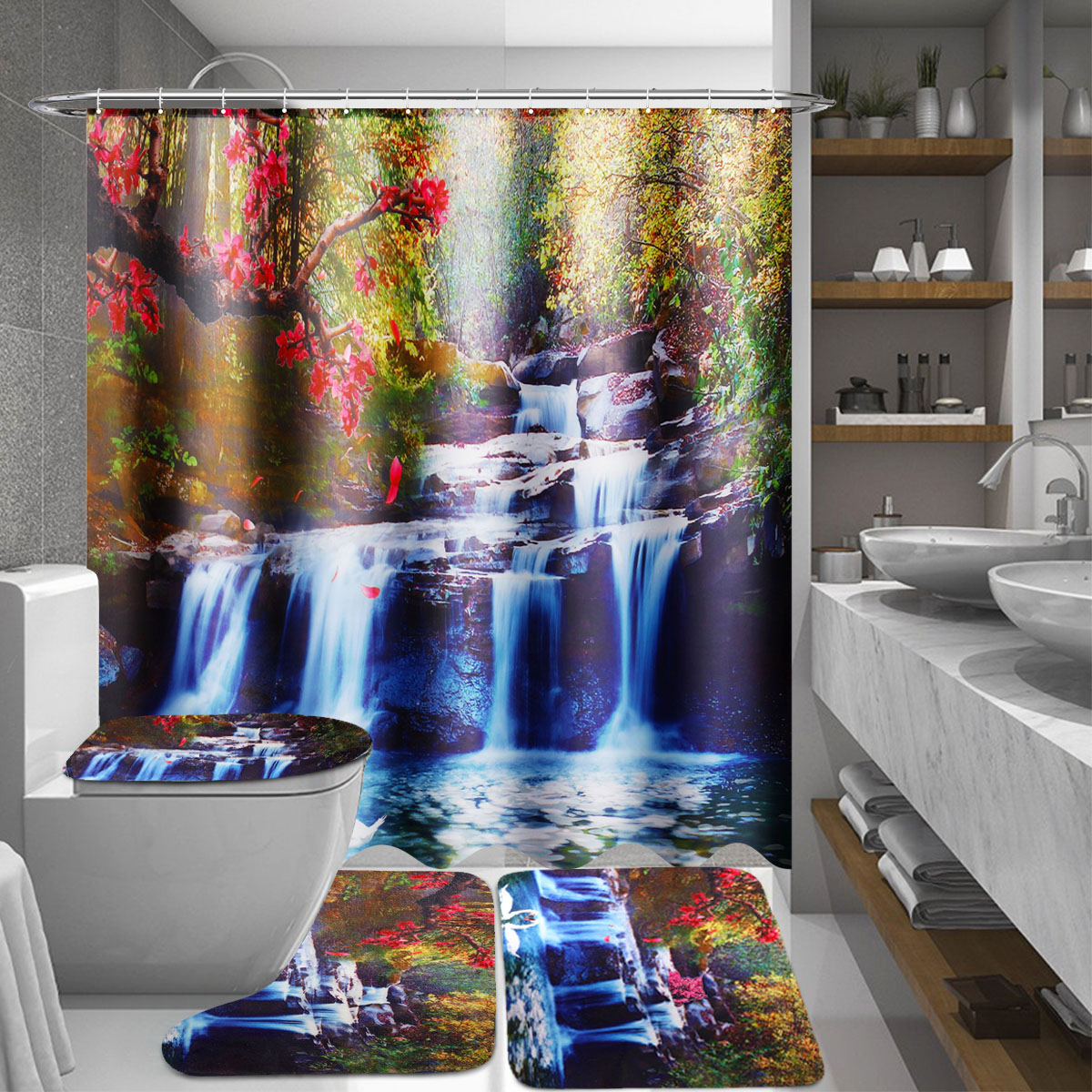 71X71quot-Swans-Flowers-Cascade-Waterproof-Home-Bath-Decor-Shower-Curtain--Hooks-1412759