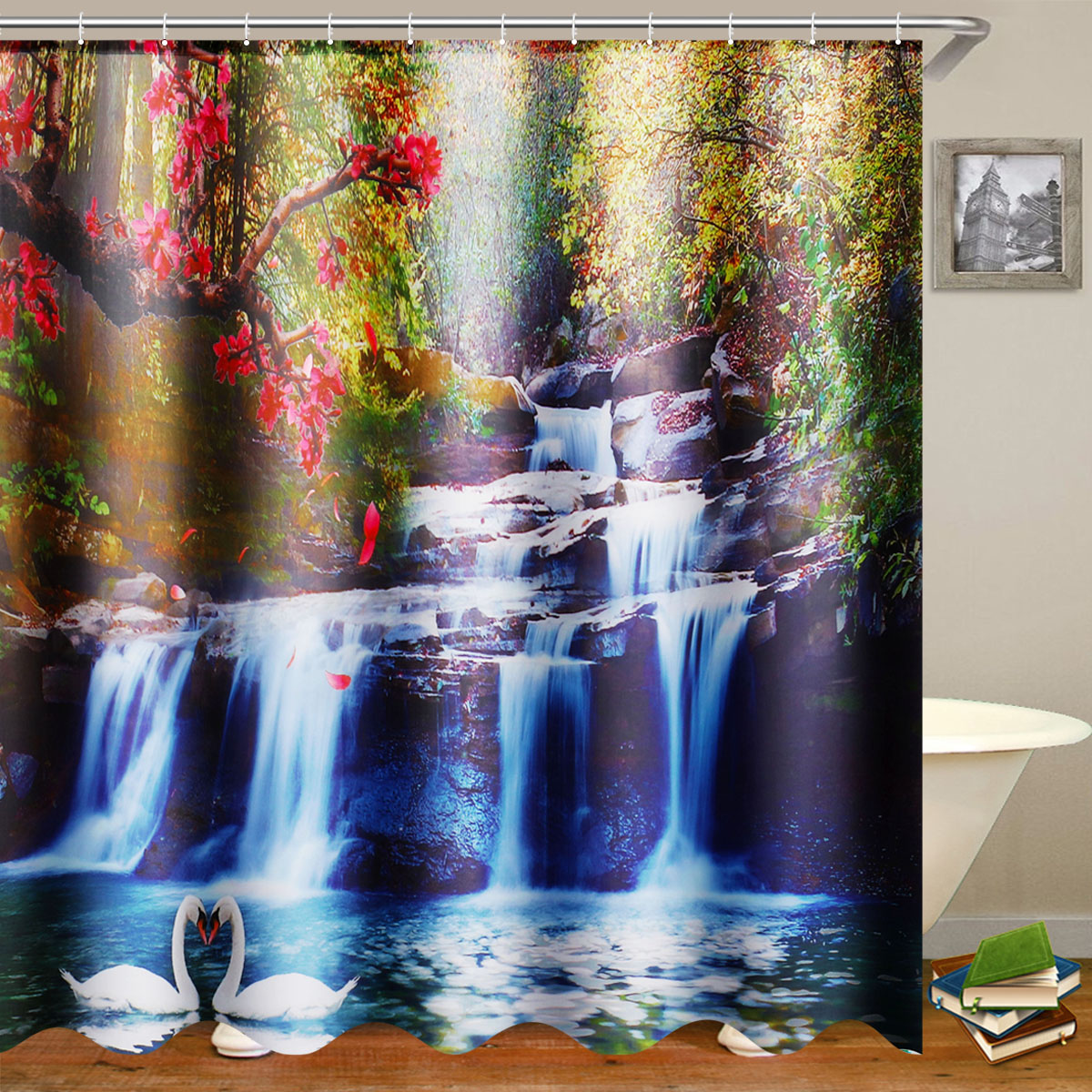 71X71quot-Swans-Flowers-Cascade-Waterproof-Home-Bath-Decor-Shower-Curtain--Hooks-1412759