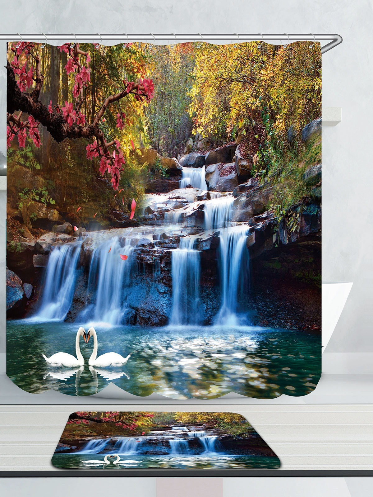 71X71quot-Swans-Flowers-Cascade-Waterproof-Home-Bath-Decor-Shower-Curtain--Hooks-1412759