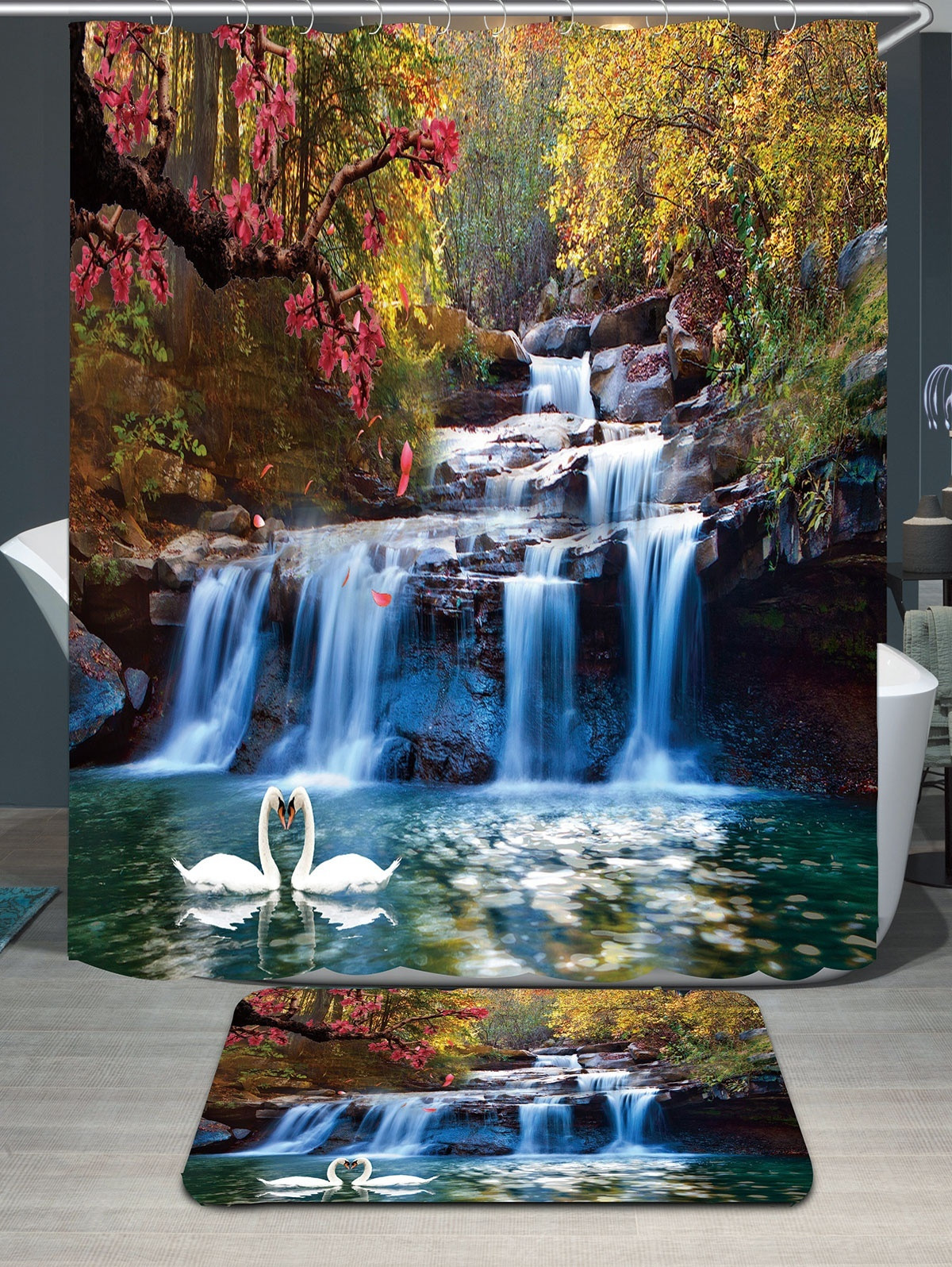 71X71quot-Swans-Flowers-Cascade-Waterproof-Home-Bath-Decor-Shower-Curtain--Hooks-1412759