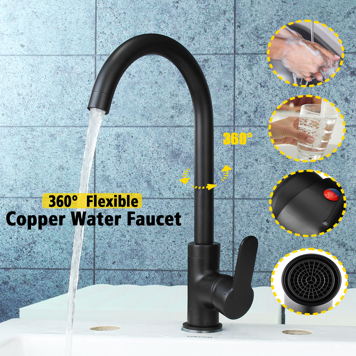 Black-Copper-Kitchen-Faucet-360deg-Rotation-Single-Lever-Hot-amp-Cold-Water-Basin-Sink-Mixer-Tap-1375770