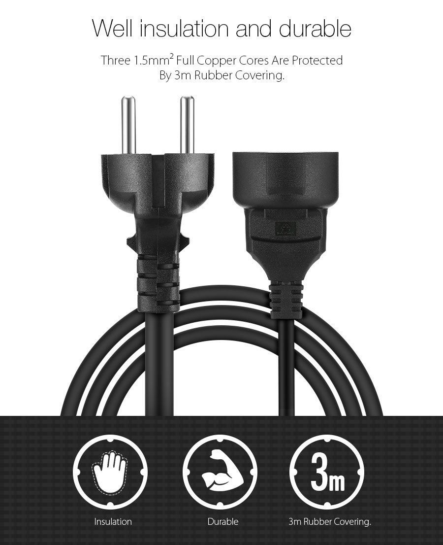 Digoo-AC-Power-Extension-Cable-Cord-1X-3M-EU-or-10X-03M-EU-US-Black-PVC-Rubber-1083157