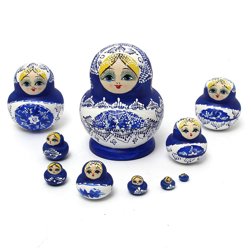 1-Set-10Pcs-Russian-Dolls-Wooden-Hand-Painted-Nesting-Babushka-Matryoshka-Present-Gift-1029008