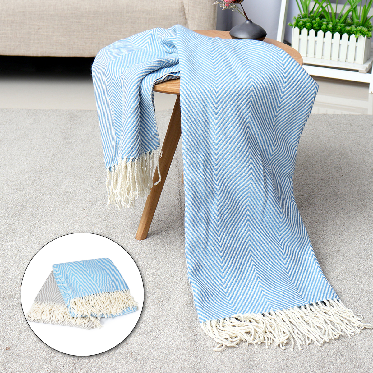 100-Cotton-EHC-Herringbone-Single-Or-King-Sofa-Armchair-Blankets-Throw-White-amp-Blue-1427240