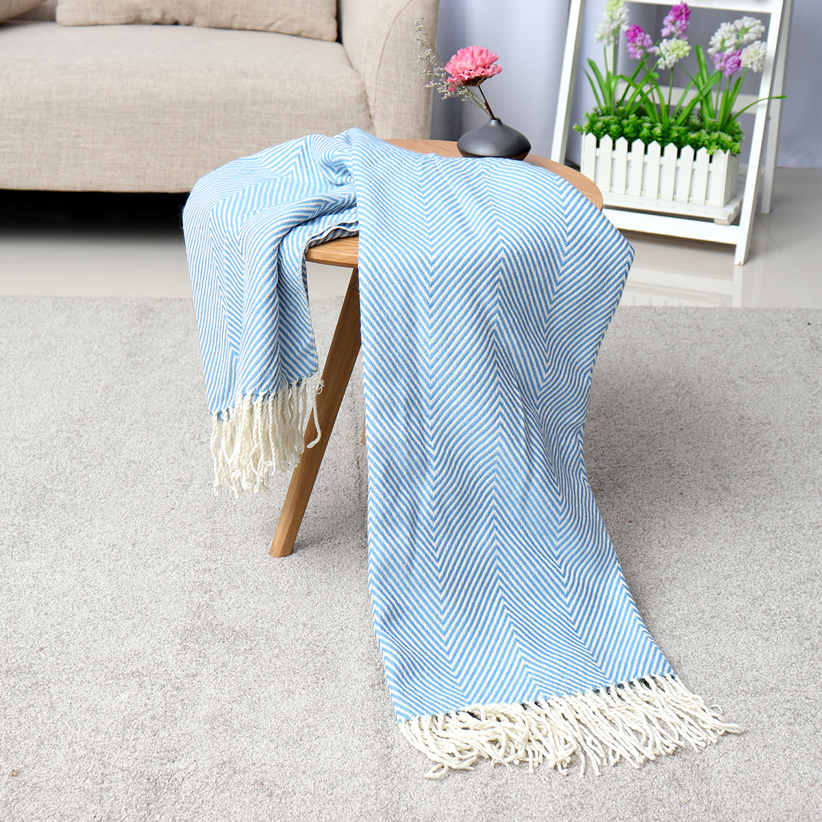 100-Cotton-EHC-Herringbone-Single-Or-King-Sofa-Armchair-Blankets-Throw-White-amp-Blue-1427240