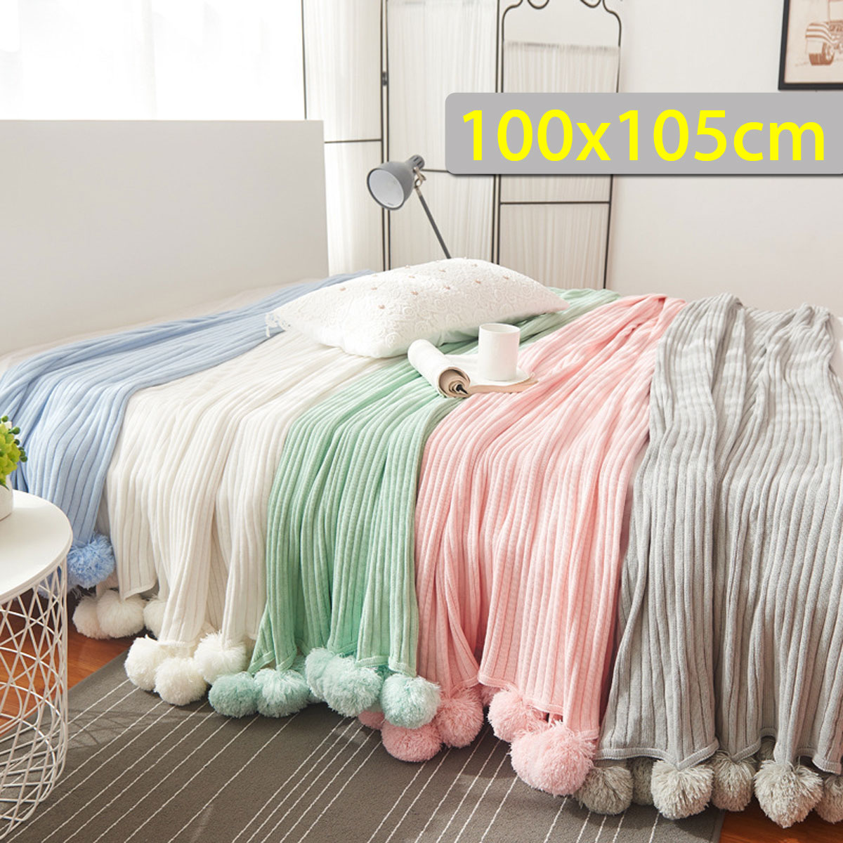100x105CM-Knitting-Blankets-Cute-Pom-Sofa-Throw-Mat-Bedroom-Comfort-Sleep-Nap-Quilt-1304716