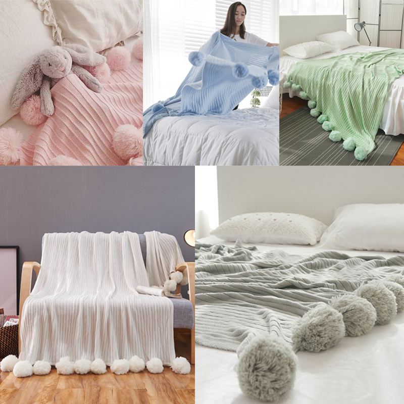 100x105CM-Knitting-Blankets-Cute-Pom-Sofa-Throw-Mat-Bedroom-Comfort-Sleep-Nap-Quilt-1304716