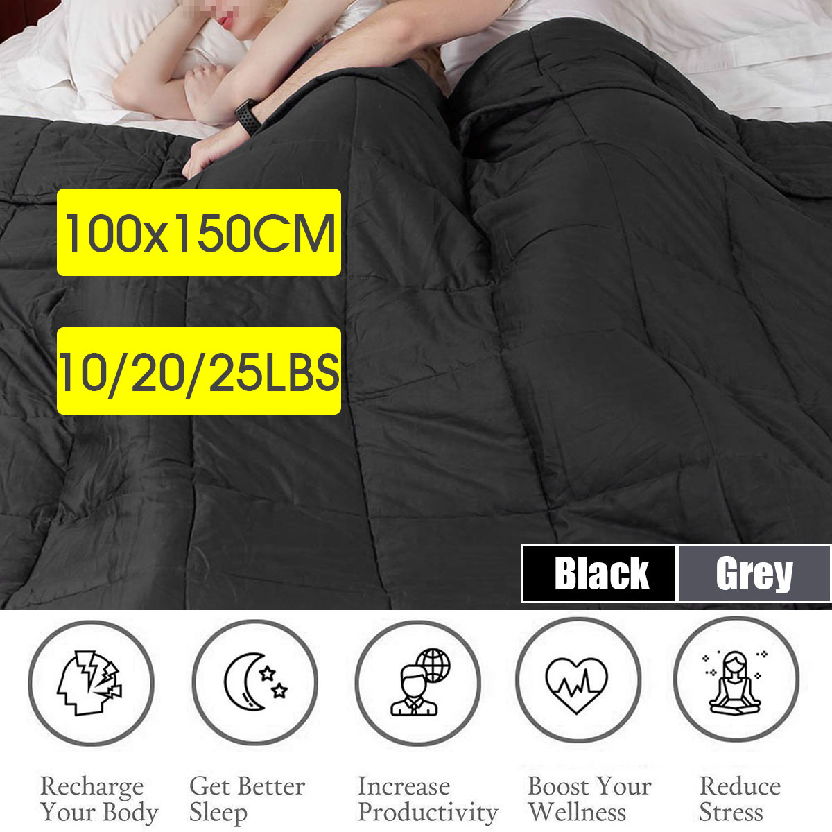 100x150CM-Weighted-Cotton-Blanket-Heavy-Sensory-Relax-45--7--95Kg-Black-Blankets-1349469