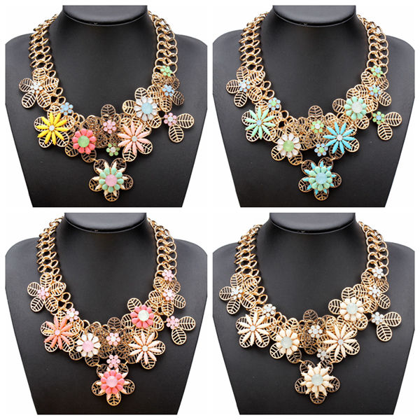 Bib-Gold-Plated-Chain-Resin-Flower-Statement-Chunky-Necklace-983093