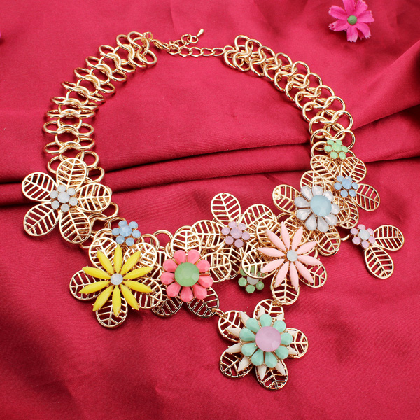 Bib-Gold-Plated-Chain-Resin-Flower-Statement-Chunky-Necklace-983093