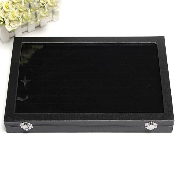 100-Slots-Glass-Lid-Black-Ring-Storage-Display-Jewelry-Tray-Showcase-924900