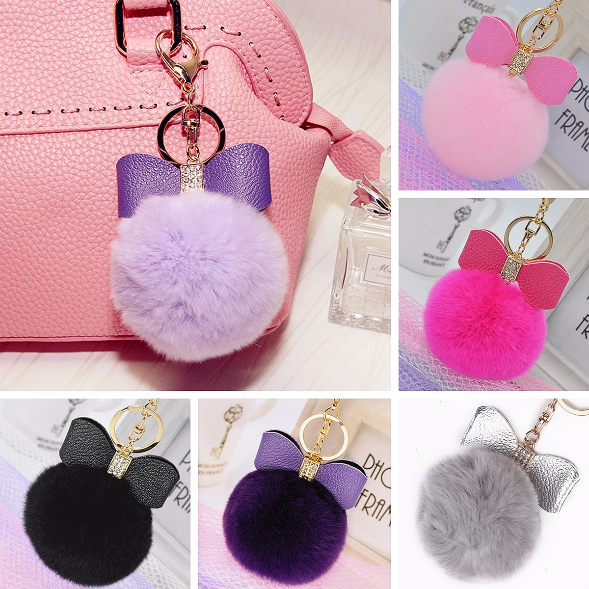 Bowknot-Fur-Ball-Fluffy-Elegant-Handbag-Charm-Car-Key-Ring-Keychain-1048907