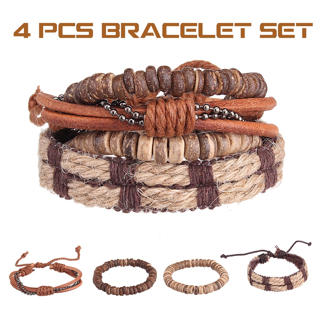 4pcs-Men-Retro-Stretch-Cowhide-Bracelet-Row-Set-Woven-Wristband-Fashion-Jewelry-1347466