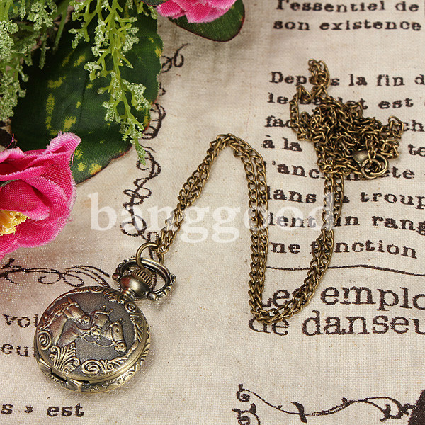 DEFFRUN-Bronze-3-Horse-Engrave-Quartz-Pocket-Watch-Necklace-49938