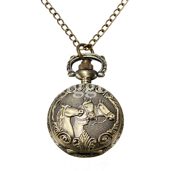 DEFFRUN-Bronze-3-Horse-Engrave-Quartz-Pocket-Watch-Necklace-49938