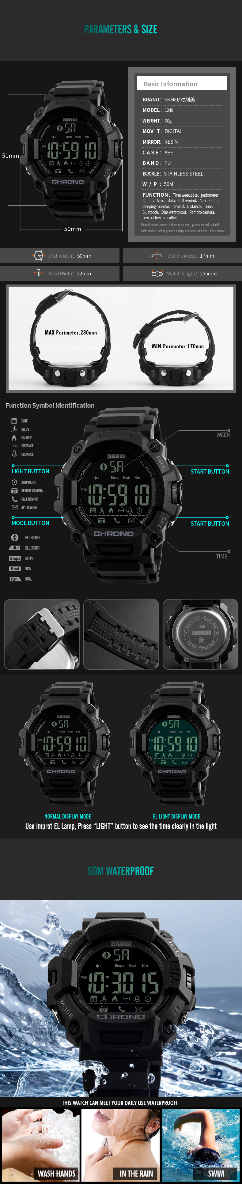 SKMEI-1249-50M-Waterproof-Smart-Watches-Calorie-Chronograph-Bluetooth-Sport-Watch-1211686