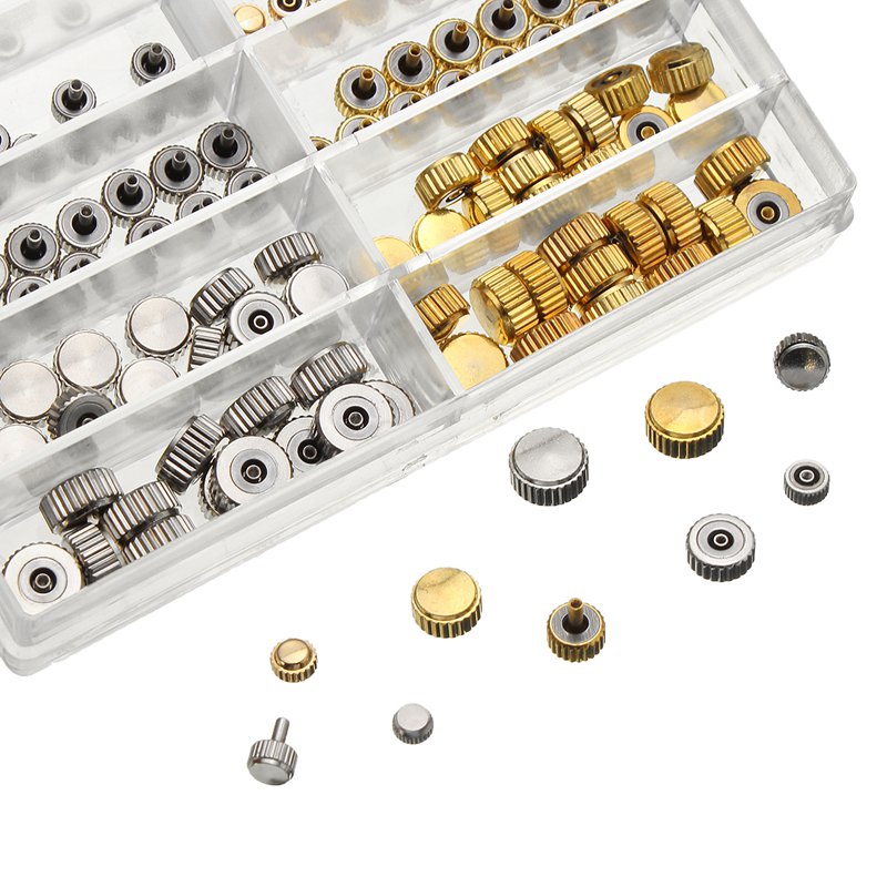 150pcs-Mixed-Silver-Gold-Watch-Crown-Watch-Accessories-Parts-10-Size-Assortment-Set-1261803