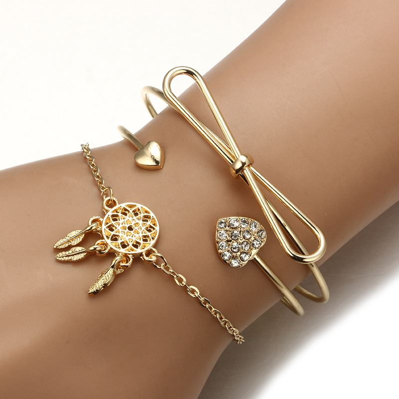 3Pcs-Trendy-Bracelet-Sets-Bowknot-Rhinestones-Heart-Feather-Gold-Bangle-for-Women-1294489