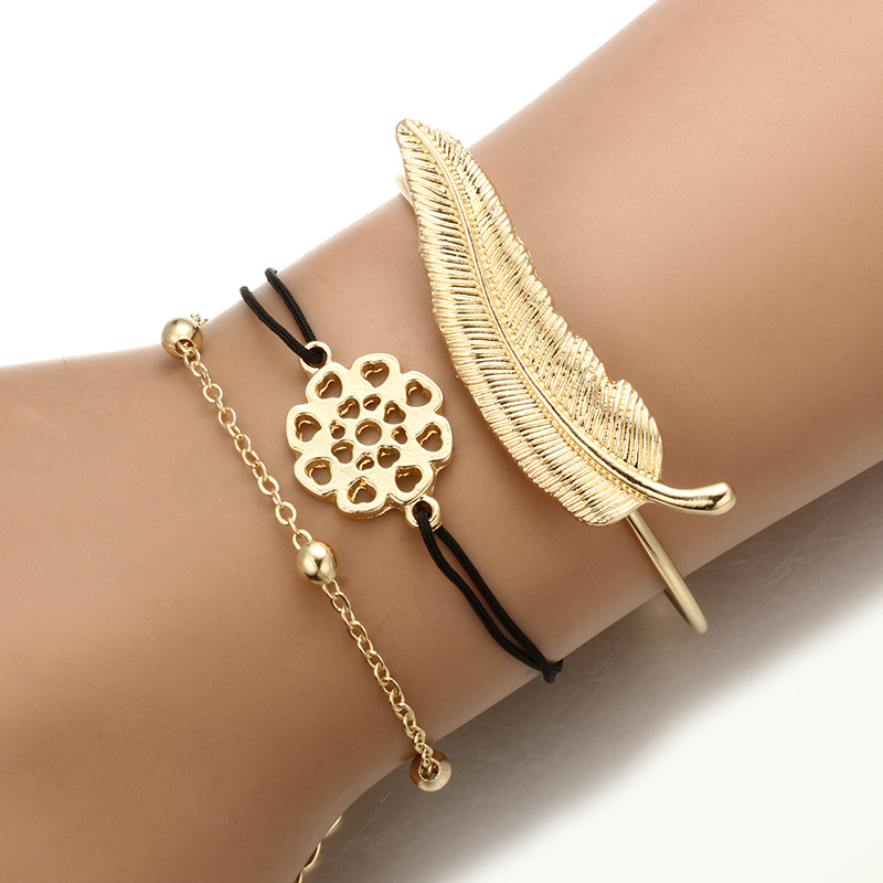 3Pcs-Trendy-Bracelet-Sets-Feather-Heart-Gold-Bangle-Open-end-Charming-Bracelets-for-Women-1294487