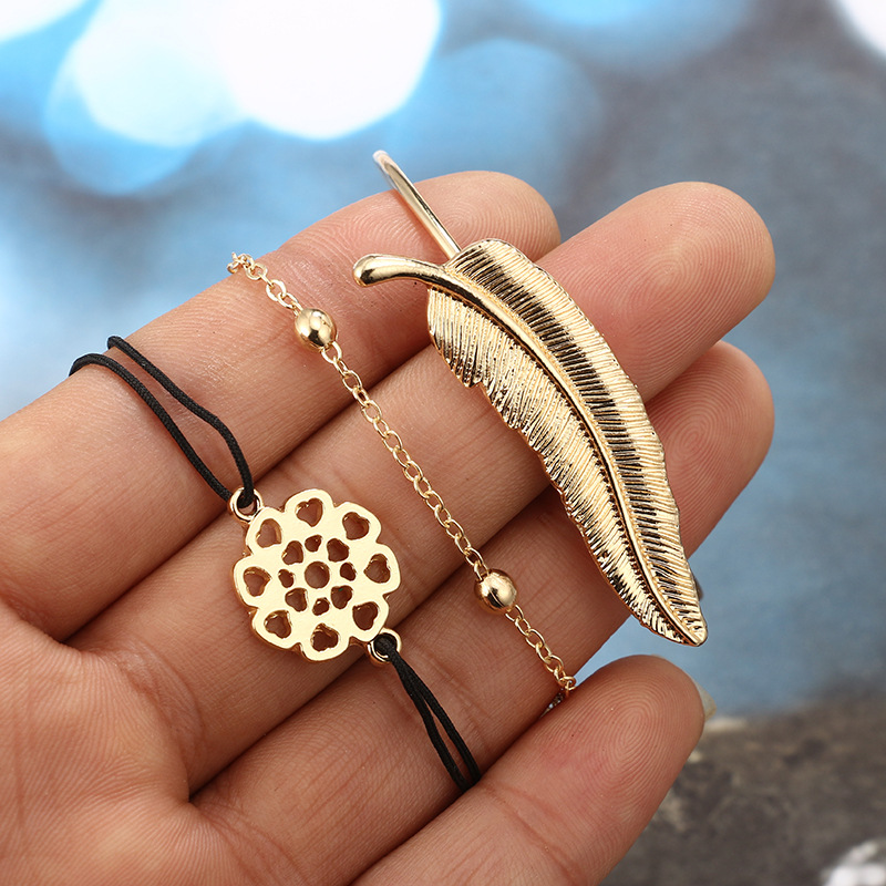 3Pcs-Trendy-Bracelet-Sets-Feather-Heart-Gold-Bangle-Open-end-Charming-Bracelets-for-Women-1294487