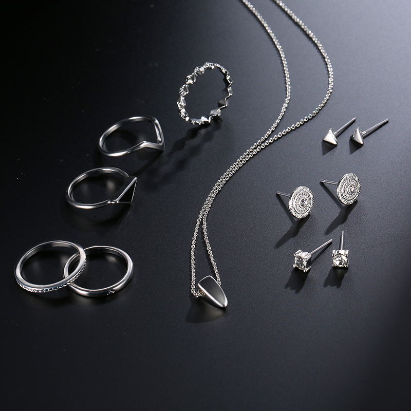 9-Pcs-of-Silver-Plated-Rings-Crystal-Earrings-Geometric-Necklace-Jewelry-Set-1147516