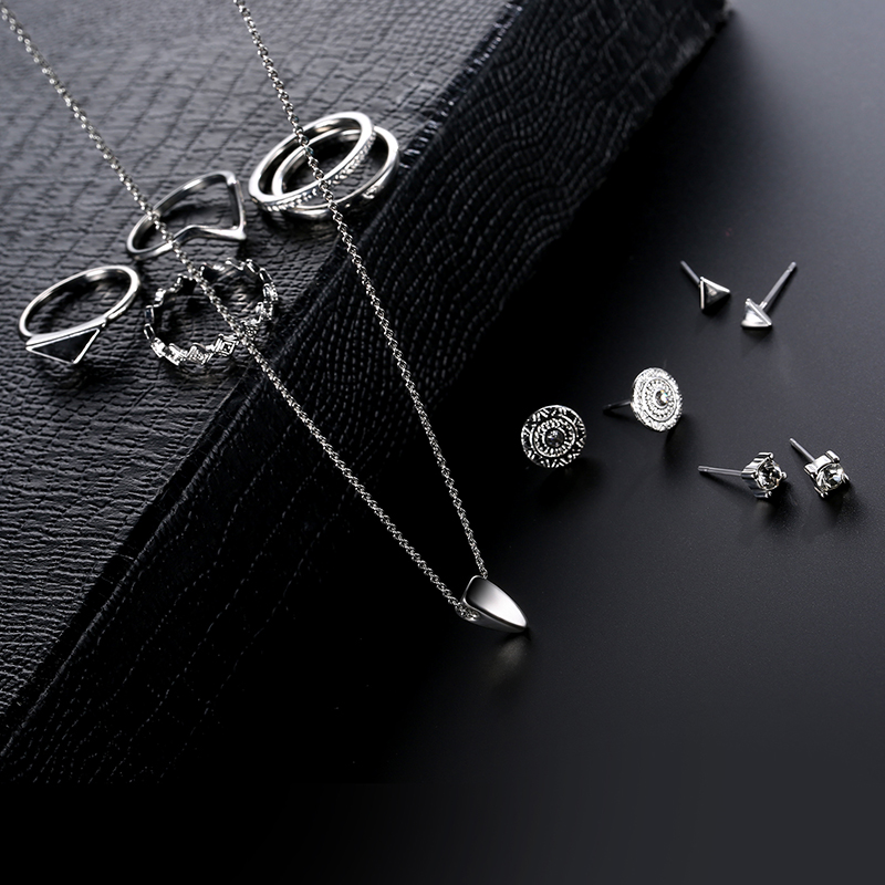 9-Pcs-of-Silver-Plated-Rings-Crystal-Earrings-Geometric-Necklace-Jewelry-Set-1147516